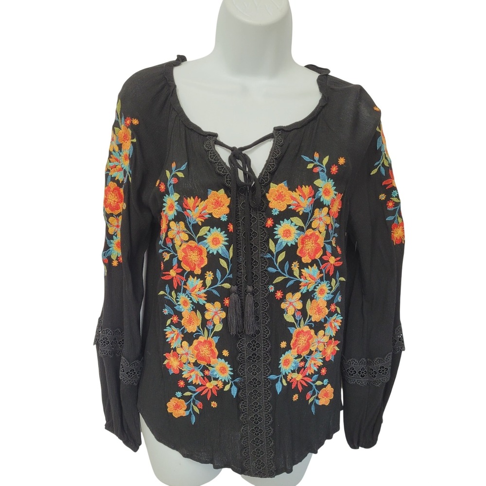 Savanna Jane Top Womens S Black Embroidered Floral Tie Neck Peasant Boho Blouse
